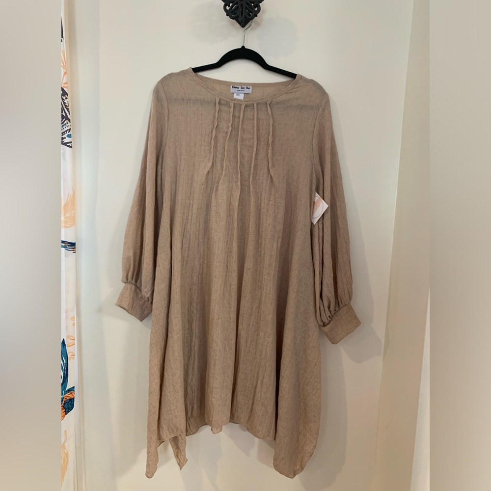 Taupe linen like tunic dress.